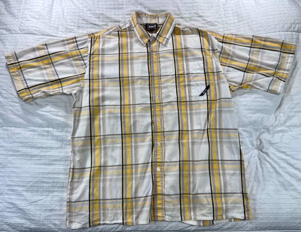 South Pole Button Front Short Sleeve Plaid Shirt Mens XL Yellow